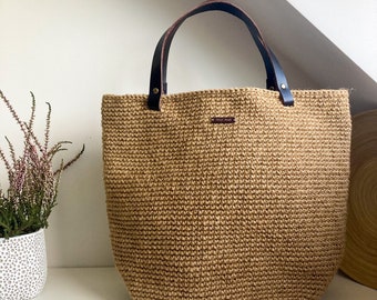 Casual crochet large tote bag Crochet jute bag Jute large beach bag Shoulder crochet jute beach bag