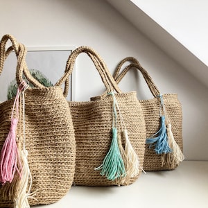 Gehäkelte Jute Tasche Große Strandtasche Eco Einkaufstasche Große Einkaufstasche Gehäkelte Jutetasche Schulter Strandtasche Gehäkelte Jute Strandtasche Bild 2