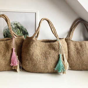 Gehäkelte Jute Tasche Große Strandtasche Eco Einkaufstasche Große Einkaufstasche Gehäkelte Jutetasche Schulter Strandtasche Gehäkelte Jute Strandtasche Bild 1