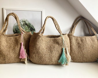 Gehaakte jute tas Grote strandtas Eco boodschappentas Grote draagtas Gehaakte jute draagtas Schouder strandtas Gehaakte jute strandtas