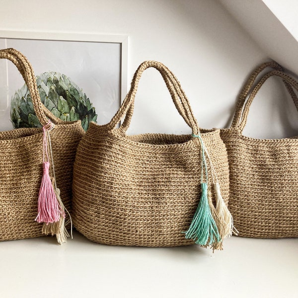 Sac de jute au crochet Grand sac de plage Sac à provisions Eco Grand sac fourre-tout Sac fourre-tout en jute au crochet Sac de plage à bandoulière Sac de plage en jute au crochet