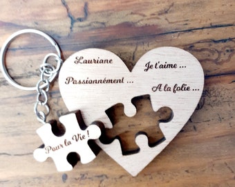 Porte clés personnalisé couple en bois, puzzle porte clés, cadeau homme, femme, cadeau saint valentin