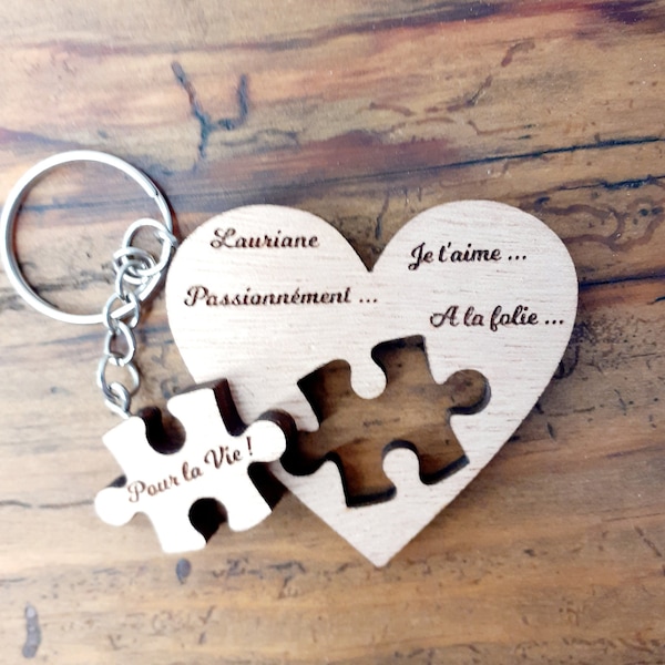 Porte clés personnalisé couple en bois, puzzle porte clés, cadeau homme, femme, cadeau saint valentin