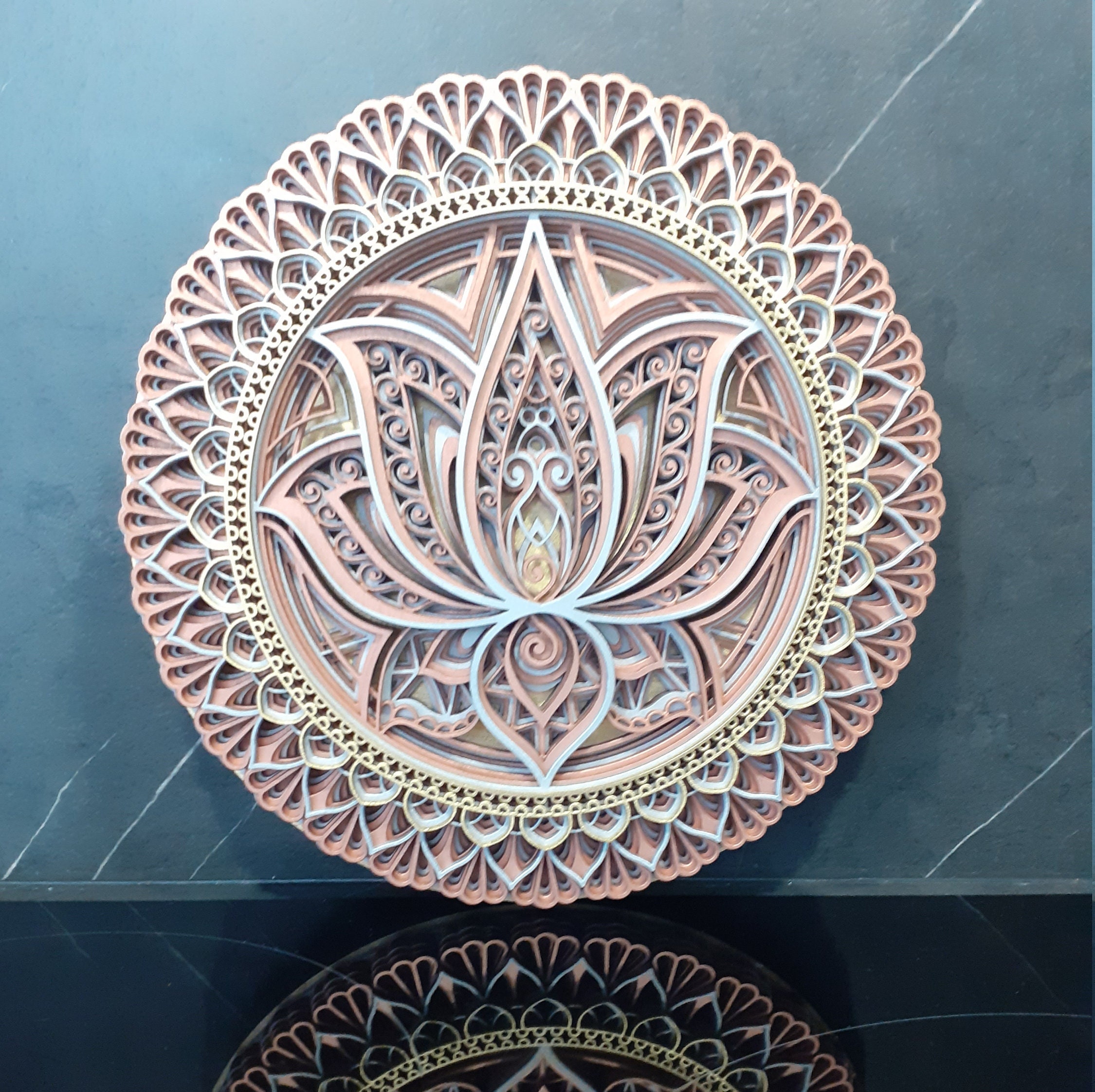 Mandala Fleur de Lotus Dorée Art Mural Décoration Intérieur Thérapeute Méditation Yoga Bois Artisana