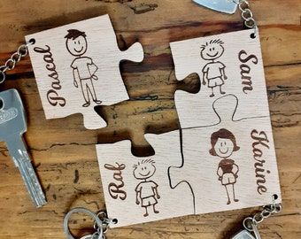 Personalized wooden family key ring, puzzle key ring, gift mom, dad, housewarming, friends, Valentine's Day gift