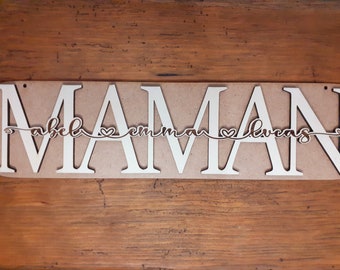 Mom frame panel, personalized Mother's Day with first names, wooden word Mom,
