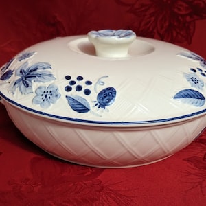 May include: White ceramic serving dish with a blue and white floral design. The dish has a lid with a knob in the center. The dish is on a red background.