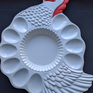 Vintage Hen Ceramic Deviled Egg 10-Slot Platter/ Red White Teleflora Egg Platter