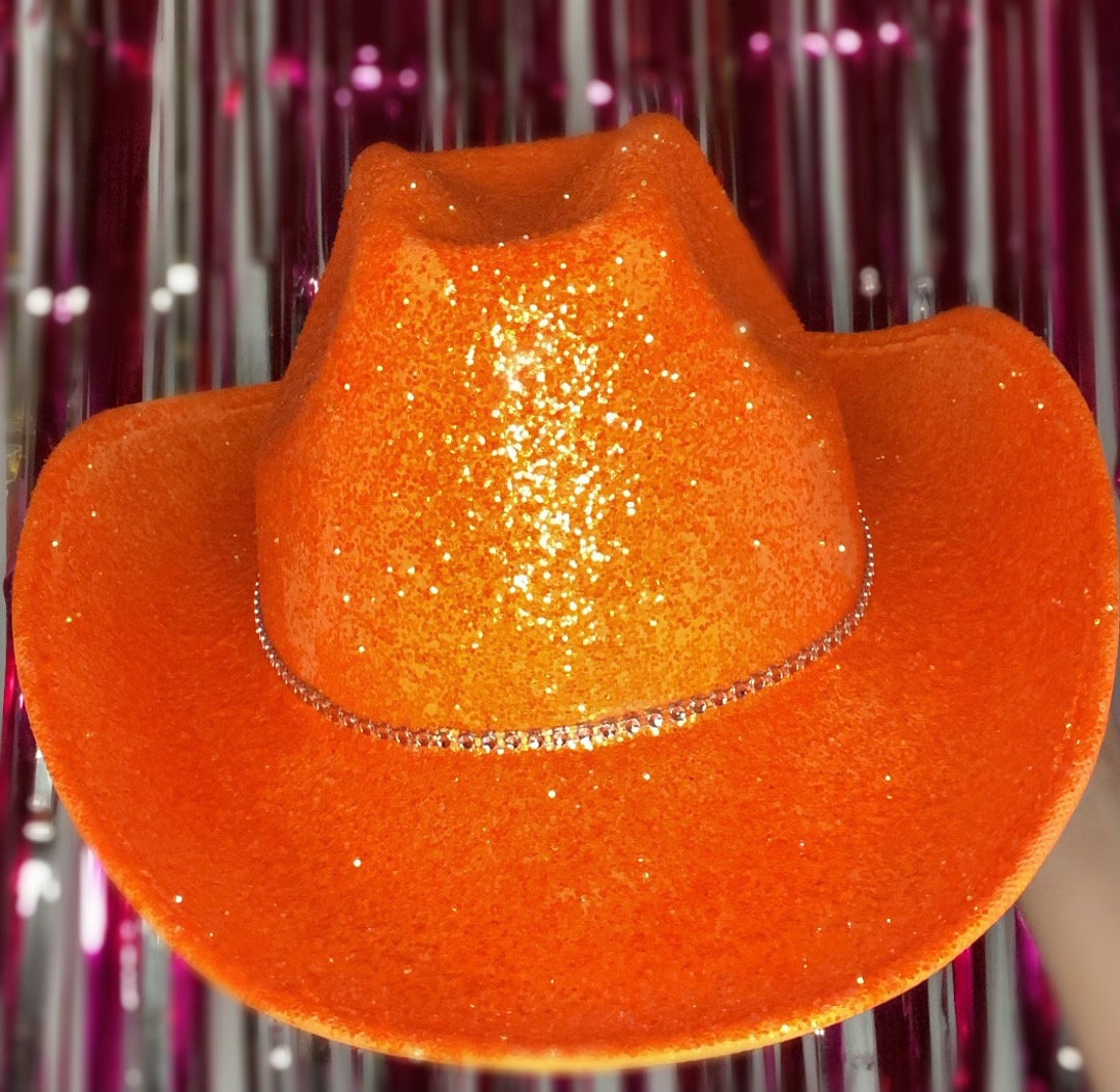 Neon Orange Glitter Cowboy Hat With Rhinestone Band Etsy