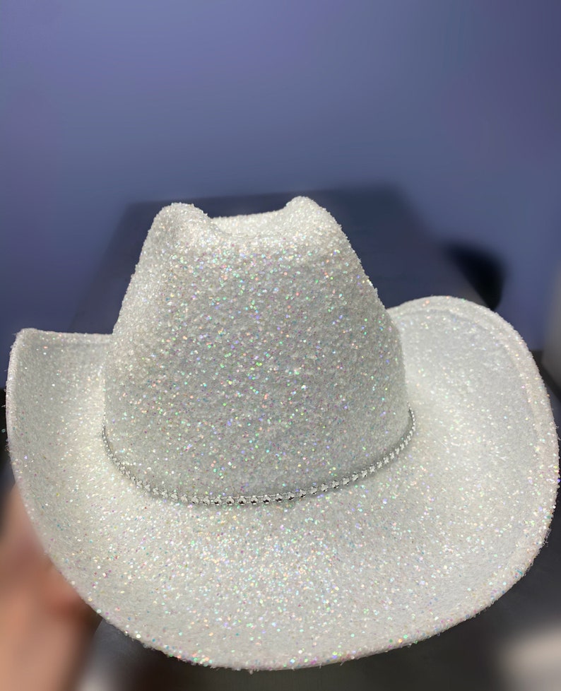 White Glitter Cowboy Hat with Rhinestone Band image 3