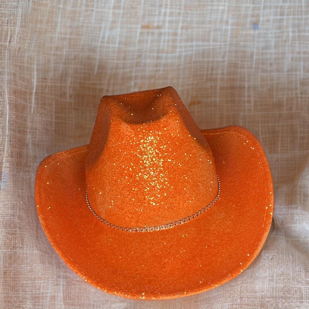 Neon Orange Glitter Cowboy Hat With Rhinestone Band Etsy
