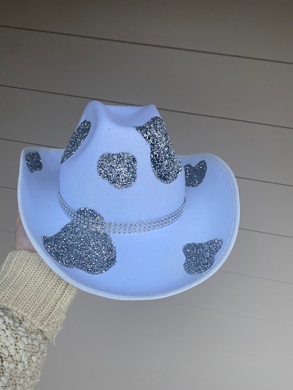 Silver Glitter Cowprint Cowboy Hat 