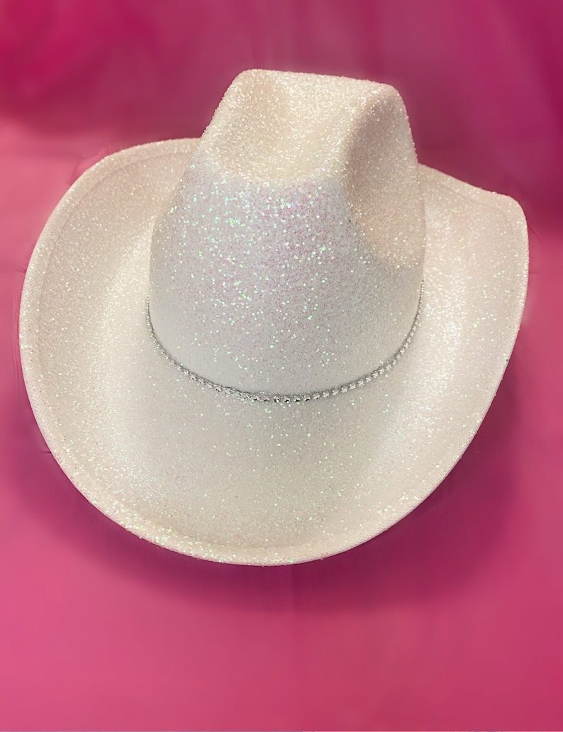 White Glitter Cowboy Hat with Rhinestone Band image 1