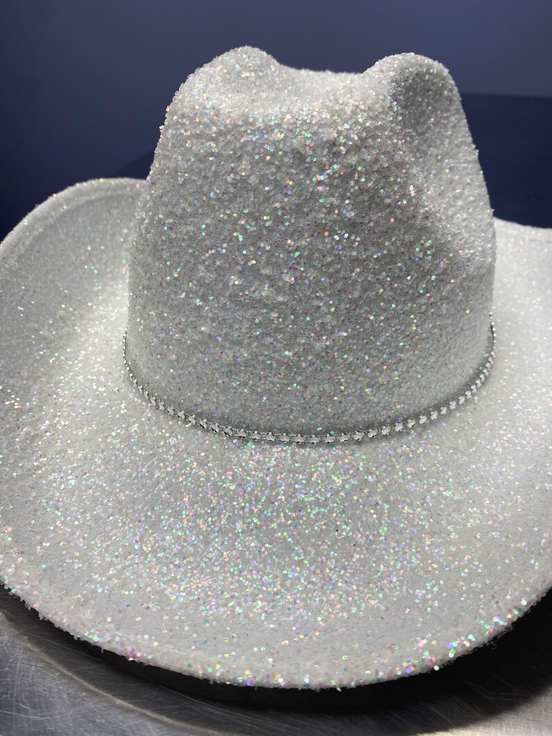 White Glitter Cowboy Hat With Rhinestone Band Etsy