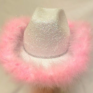 White Glitter with Pink boa Cowboy Hat