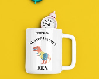 Divertido regalo del abuelo, promovido a Grandpasaurus Rex, taza de café blanca de 11 oz para el nuevo abuelo, regalo de taza de té de cerámica para el bisabuelo
