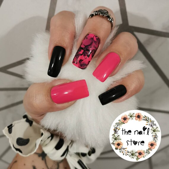 Hand Painted Hot Pink Black Marble False Nails Various - Etsy Hand Painted Hot Pink Black Marble False Nails Various - Etsy