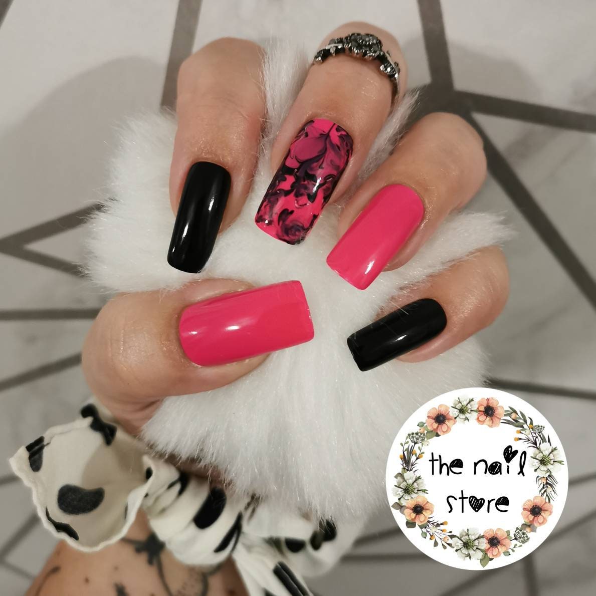 Pink and Black Long Nail Art Design | Fuchsia Stripes Nails - YouTube