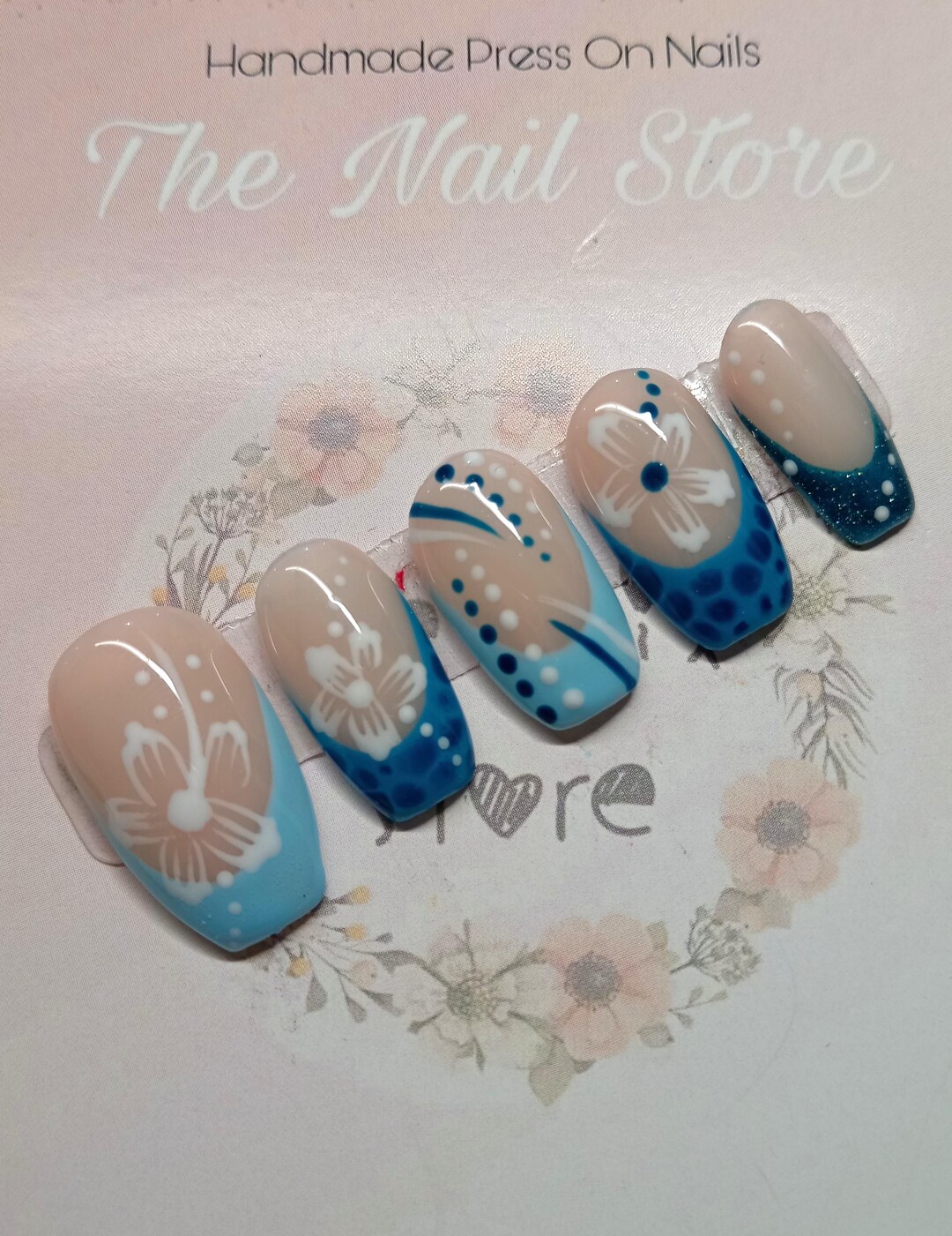 Hibiscus Blue French Tip Gel Polish Press on False Nails / Gel Nails