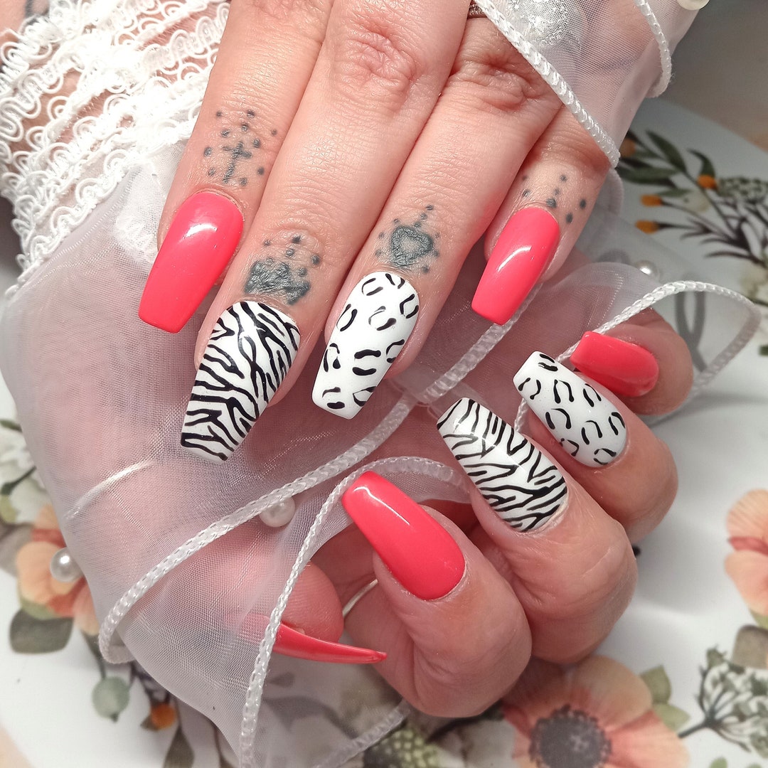 Hand Painted Gel Press on Nails: Coral Zebra Leopard Print, Set of