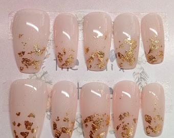 Delicate Natural Pink Nails With Gold Leaf Press on nails, Gel Nails, False Nails