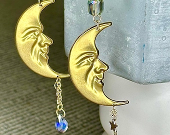 moon whimsigoth earrings, moon face earrings, celestial earrings, whimsigoth Jewelry, 90s whimsigoth, witchy boho, witchy