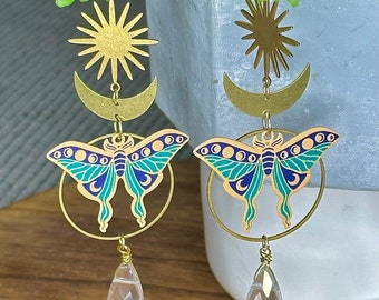 Luna moth earrings, Luna moth statement earrings, luna moth handmade crystal earrings, witchy gifts