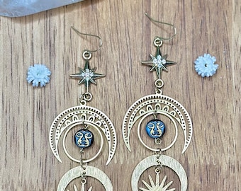 Sun, moon, star crystal earrings, cosmic earrings, goddess jewelry, celestial earrings, statement earrings, witchy earrings, witchy gift