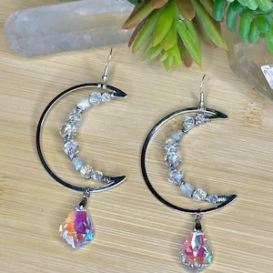 Celestial moon earrings, statement moon earrings, witchy earrings, Crystal moon earrings, silver moon earrings, witchy gifts