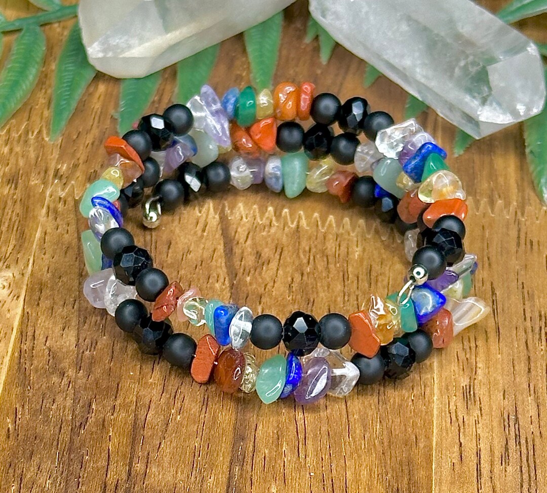 Chakra Coil Bracelet, Chakra Memory Wire Bracelet, Multi Beaded