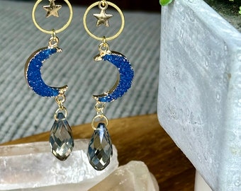 Celestial bohemian moon earrings, resin jewelry, druzy moon earrings, witchy earrings , statement earrings