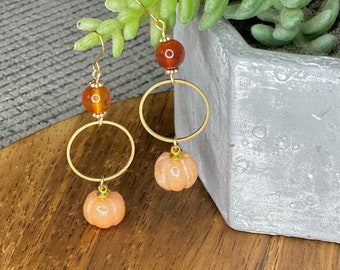 Pumpkin earrings, pumpkin agate earrings, crystal fall earrings, fall earrings, agate earrings