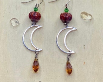 Pumpkin earrings, celestial fall earrings, fall earrings, cottagecore earrings, witchy gift