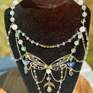 Fairy wing necklace, fairy necklace, boho layered necklace, fairycore crystal necklace, celestialcore jewelry, crystal beaded necklace