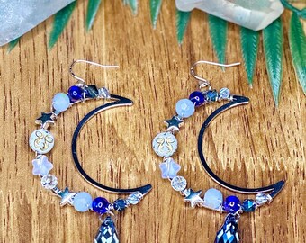 Celestial moon earrings, statement moon earrings, witchy earrings, Crystal moon earrings, silver moon earrings, witchy gifts