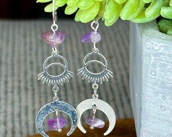 Moon phase earrings, celestial earrings, amethyst earrings, huggie hoops, bohemian, witchy jewelry, crystal earrings