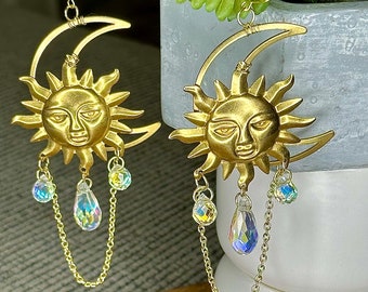 Sun and moon whimsigoth earrings, sun face earrings, celestial earrings, whimsigoth Jewelry, witchy boho, sun catcher earrings
