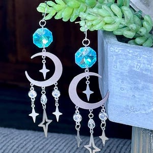 Moon suncatcher earrings, suncatcher earrings, crystal moon dangle earrings, celestial suncatcher earrings, iridescent jewelry