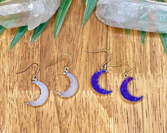 Moon earrings, druzy moon earrings, druzy resin moon earrings, moon dangle earrings, simple moon earrings, minimalist