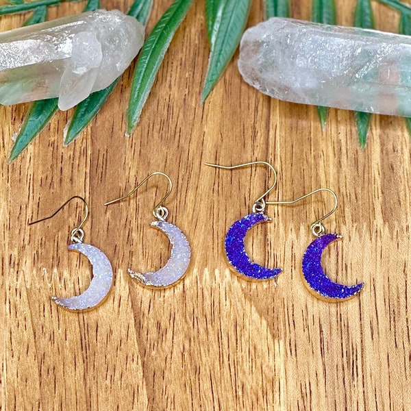 Moon earrings, druzy moon earrings, druzy resin moon earrings, moon dangle earrings, simple moon earrings, minimalist