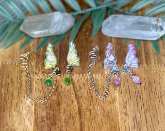 Fairy wing earrings with ear cuff, fairy wing earrings, fairycore earrings, earrings with ear cuff, fantasy earrings