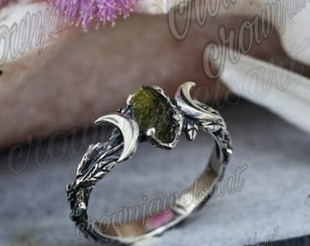 Triple Moon Phase Ring, natural  Rough Moldavite Ring Moon Ring Sterling Silver Genuine Czech Republic Moldavite Ring Raw Moldavite Ring