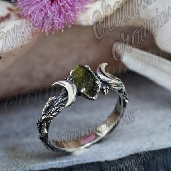 Triple Moon Phase Ring, natural Moldavite Ring Moon 14ct Ring Sterling Silver Genuine Czech Republic Moldavite Ring Raw Moldavite Ring