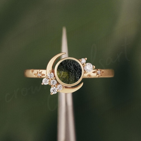 Handgemachter Roher Moldavit Ring: 925 Sterling Silber Tschechischer Edelstein