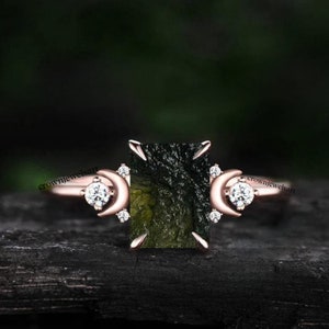 Dreifach Mond Sterling Silber Moldavit Ring - Tschechische Republik