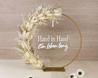 Trockenblumenkranz personalisiert, Tischkranz mit Acrylscheibe, Tischdekoration Hochzeit, Flower Hoop stehend