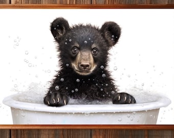 クマの子の壁アート、素朴なバスルームの装飾、クマ好きへの贈り物、子供用バスルームの装飾、動物のポートレート写真