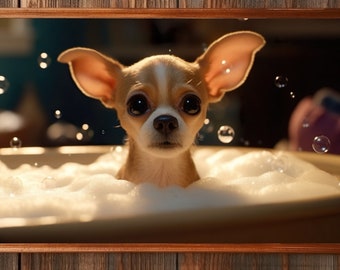 Bath time bliss print, Chihuahua pet art poster, wall art decor, bathroom decor, gift for chihuahua lovers, chihuahua wall art, wall art