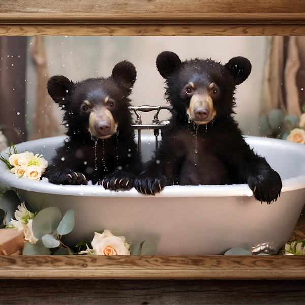 Schwarzer Bär Wandkunst, Bärenjunges Badezimmerdekor, Tierfotografie, Geschenk für Waldtierliebhaber, Sprudelbad Druck