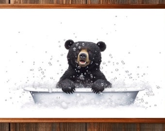 クロクマの壁アート、バスルームの装飾、森の動物愛好家への贈り物、壁の装飾、野生動物の写真、泡風呂のプリント